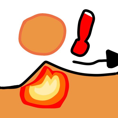 a sun hangs in the sky next to a very full thermometer. There’s an orange wave with a fire symbol on it. A black arrow points to the side, indicating continuation.